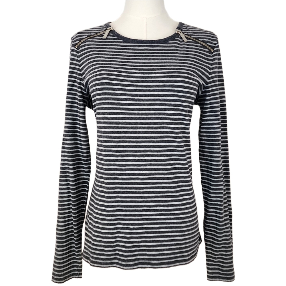 Michael Kors Striped Long Sleeve Top With Zippers Small Charcoal And Light Grey